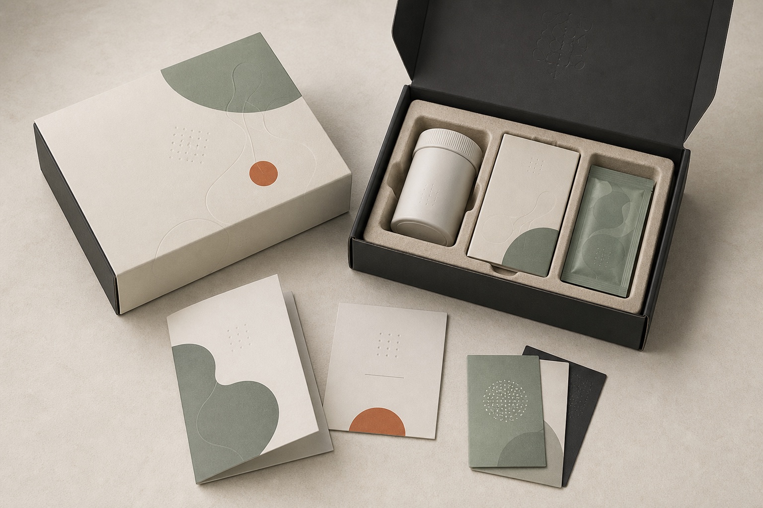 Fictional Morrow microbiome kit with closed mailer, open tray, collection container, instructions, and return materials